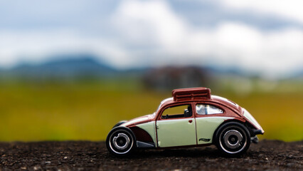 minahasa, Indonesia : January 2023, toy car in the rice field
