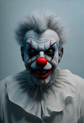 Portrait of a creepy scary clown. Halloween Horror Digital illustration. Generative AI