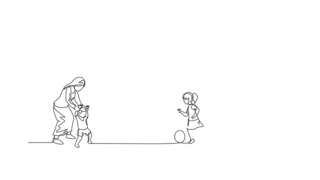 Animation of one line drawing of father playing soccer with daughter while mother teaching son to walk at field. Happy family parenting concept. Continuous line self draw animated. Full length motion.