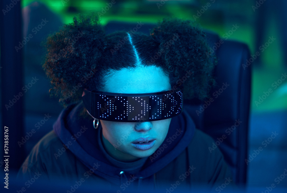 Leinwandbilder computer, cyberpunk glasses or neon hacker hacking software, online server or girl programming passw
