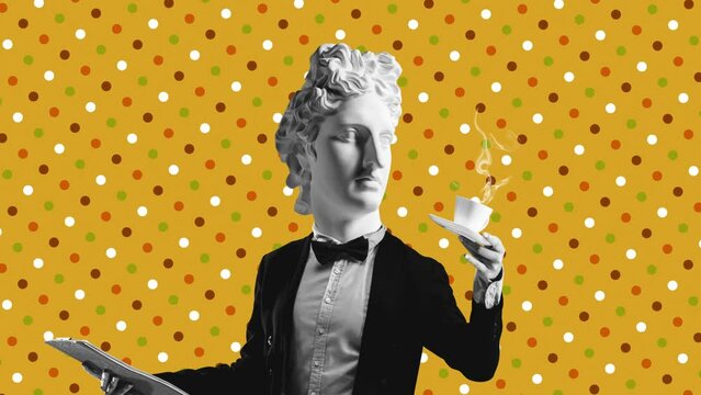 Stop motion, animation. Modern design, contemporary art collage. Woman in business suit headed of ancient statue head, drinking coffee. Comparison of eras. Inspiration, trendy urban magazine style.