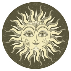 Antique sun symbol with face. Vector vintage sun hand drawn illustration with design elements for print or design isolated on white.