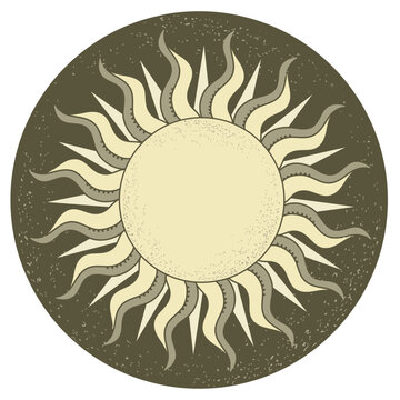 Vintage sun symbol. Vector antique sun hand drawn illustration with design elements for print or design isolated on white.