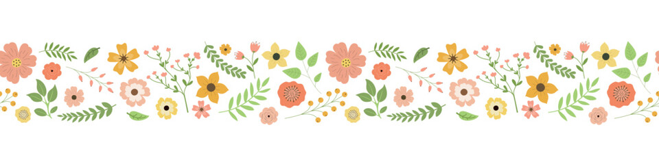 Cartoon spring flowers, leaves, and berries seamless border pattern. Isolated on white background. Colorful garden flowers in a row. Design for stickers, labels, and banners