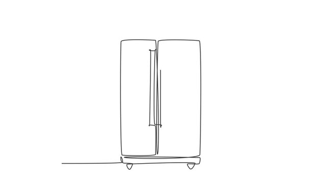 Animated self drawing of single continuous line draw luxury two door refrigerator household utensil. Electronic home appliance concept. Full length one line animation illustration.