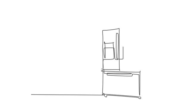Animated self drawing of one continuous line draw luxury three door refrigerator electric home appliance. Electricity household gadget template concept. Full length single line animation illustration.