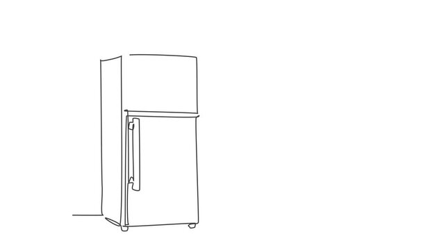 Animation of one single line drawing of luxury two door refrigerator home appliance. Electricity kitchenware tools concept. Continuous line self draw animated illustration. Full length motion.