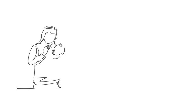 Animated self drawing of single continuous line draw young Islamic father hugging and feeding his newborn baby at home. Arabian muslim happy family fatherhood concept. Full length one line animation.