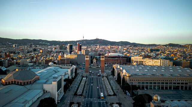 Aerial view of Avinguda de la Reina Maria Cristina in Barcelona Spain