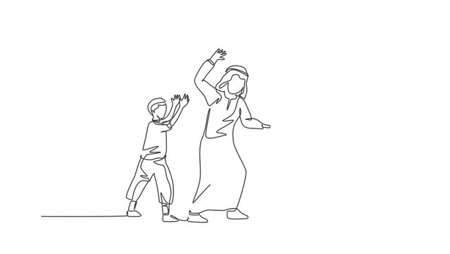 Animated self drawing of continuous line draw young Islamic dad playing ball with son and daughter at outdoor field. Happy Arabian muslim parenting family concept. Full length single line animation.