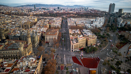 Aerial view of Gothic Quarter in early morning Barcelona Spain