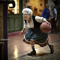 Fototapeta Old lady plaing basketball, AI generated obraz