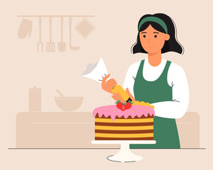 Girl decorates a cake in the kitchen. The confectioner wants to bake a cake. Hobby. Vector illustration