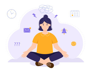 Woman suffers from obsessive thoughts, headache, unresolved issues, psychological trauma, depression. Mental health concept. Mood disorder. Vector illustration