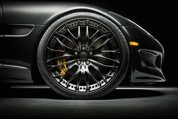 Fototapeta na wymiar Ground level close-up image of a black sportscar front wheel with light alloy rim. Generative AI