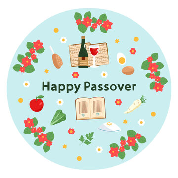 Traditional set for the holiday of Passover. Collection of images of seder, wine, matzo, food, flowers, star of david, torah. Vector illustration