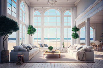 Spacious bright room in a luxury cottage on the beach. AI generated