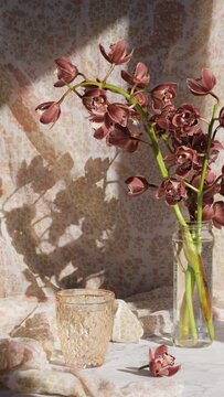 Vertical video of a glass of water and a cymbidium orchid, with shadows. 