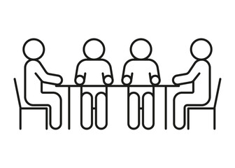 Group people seat at table, conversation, discussion, meeting icon line. Man communication on work in team, equality partnership. Vector illustration