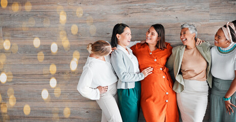 Pregnant woman, team and happy for touch, stomach or excited by bokeh mockup, solidarity and care....