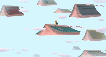 Book of Imagination and a boy. Fantasy art. Concept idea of education, kid, child dream, inspiration, creative, adventure and lerning. Conceptual 3d illustration. Surreal painting.  © Jorm Sangsorn