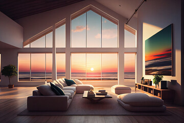 Spacious bright room in a luxury cottage on the beach. AI generated