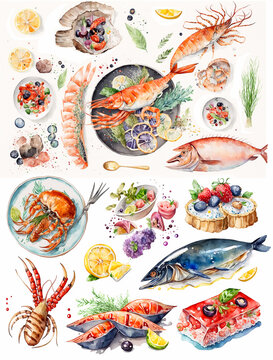 Watercolor illustration of seafood dishes on a white background - AI generative