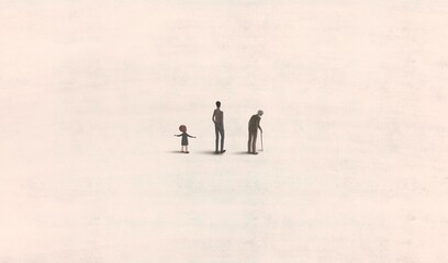 3 generation of men. boy, young man and old man. Conceptual art of age and life.