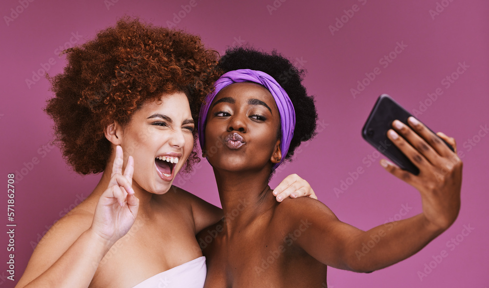 Poster Phone, skincare and friends with peace sign for selfie on purple background for wellness, fashion and cosmetics. Beauty, makeup and happy women on smartphone for social media, picture and online post