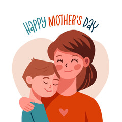 Mother and son. Happy Mother's day greeting card. Flat hand drawn vector illustration.