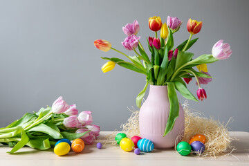 A bunch of tulips in a vase standing on the table and colourful eggs lying on it.