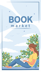 Book market. Woman reading book and sitting at the spring window. Layout design for bookstore, library, bookshop or education. Vector illustration
