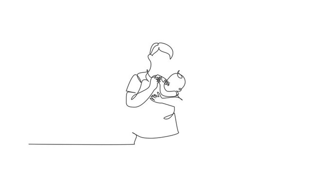 Animation of one line drawing of young father carrying and feeding his baby with nutritious food at home. Happy parenting learning concept. Continuous line self draw animated. Full length motion.