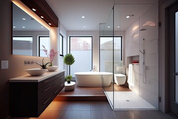 Magnificent modern bathroom with bath and shower in wood and marble, generative AI - obrazy, fototapety, plakaty