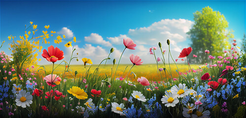 Beautiful spring landscape with colorful wildflowers in a green meadow on a blue day, generative AI - obrazy, fototapety, plakaty
