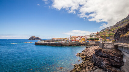 Landscape view of the town of Garachico with beach and mountain. Tenerife island, Spain