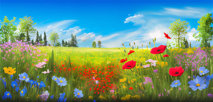 Spring landscape with colorful wildflowers in a green meadow on a blue day, generative AI
