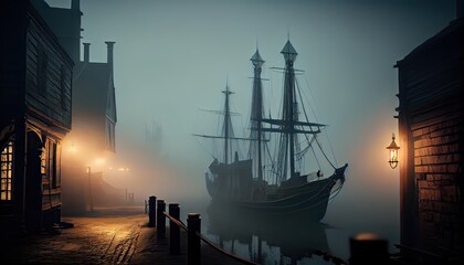 Ancient sailboat arriving in a medieval port, generative AI