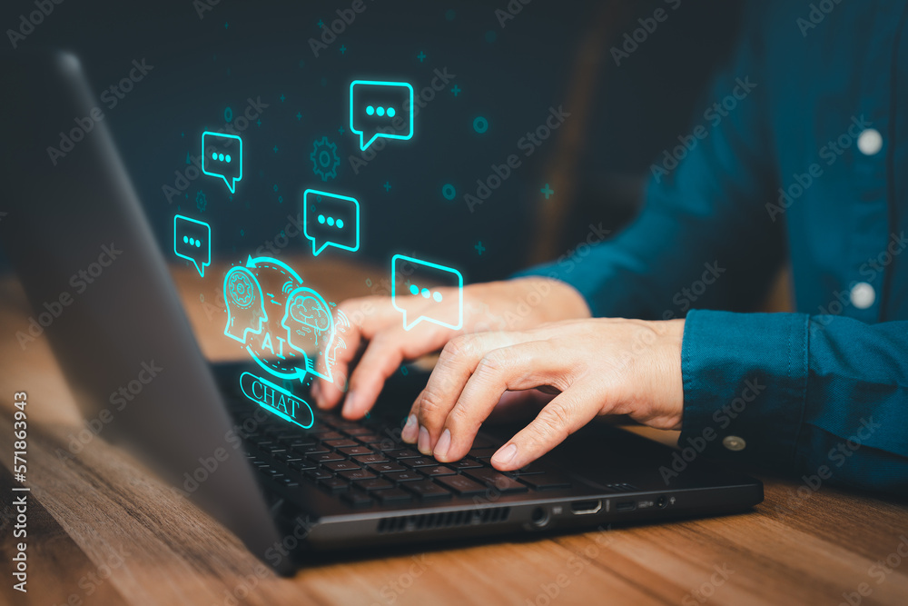 Aufkleber ChatGPT Chat with AI, Artificial Intelligence. Adult man chatting with a smart AI or artificial intelligence using an artificial intelligence chatbot developed, Futuristic technology transformation.