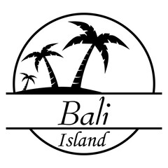 Destino de vacaciones. Logo aislado con texto manuscrito Bali island con silueta de isla con palmeras en círculo lineal