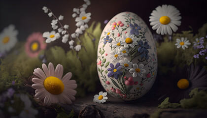 Obraz na płótnie Canvas Decorated Easter egg surrounded by flowers with shallow depth of field 2
