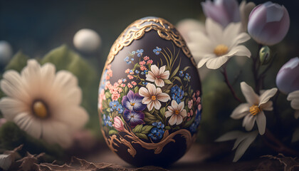 Decorated Easter egg surrounded by flowers with shallow depth of field 1
