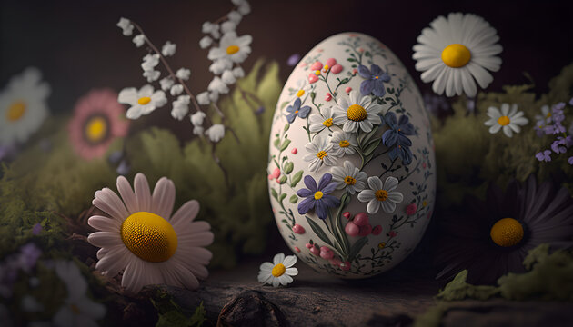 Decorated Easter egg surrounded by flowers with shallow depth of field 2
