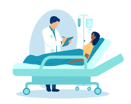 Vector of a doctor checking up on a patient lying on bed with dropper during treatment in clinic