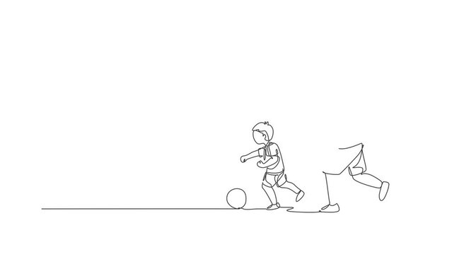Animation of one line drawing young dad running and playing football soccer with his son in public field park. Happy family parenting concept. Continuous line self draw animated. Full length motion.