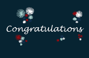 Handwritten of congratulations in white with fireworks on dark blue background.
