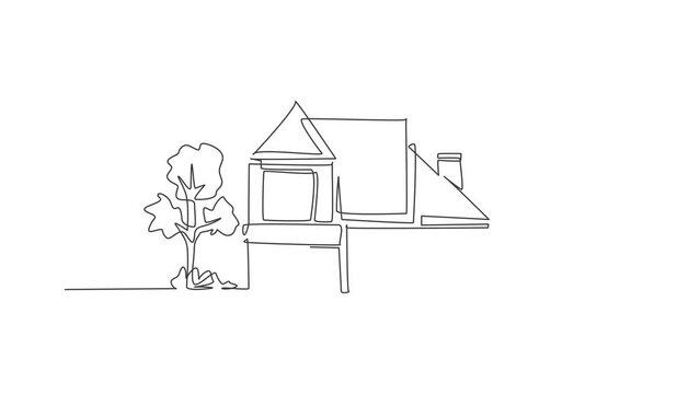 Animation of single one line drawing of eco friendly house construction building. Home architectural property isolated doodle minimal concept. Continuous line self draw animated. Full length motion.