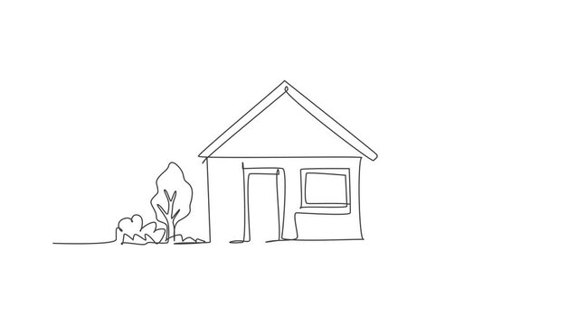 Animated self drawing of continuous line draw green little house with garden trees at village. Nature home architecture hand drawn minimalist concept. Full length single line animation illustration.