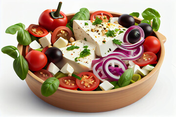 Obraz na płótnie Canvas Fresh Greek Salad with Olives, Tomatoes, Red Onion, and Feta Cheese on White Background, generative ai