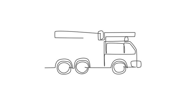 Animated self drawing of continuous one line draw emergency road vehicle fire engine. Fire truck rescue as fire fighter apparatus hand drawn minimalist concept. Full length single line animation.